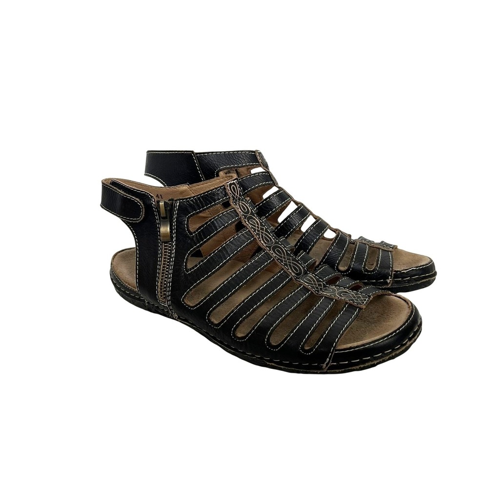 L Artiste Womens 41 US 10 Black Leather Gladiator Sandals Cage Flat Boho Artisan